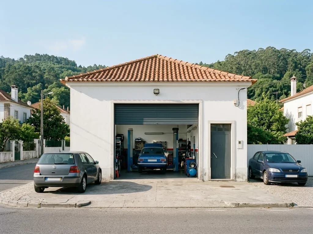 A frente de uma pequena oficina automóvel com o portão aberto numa manhã de sol